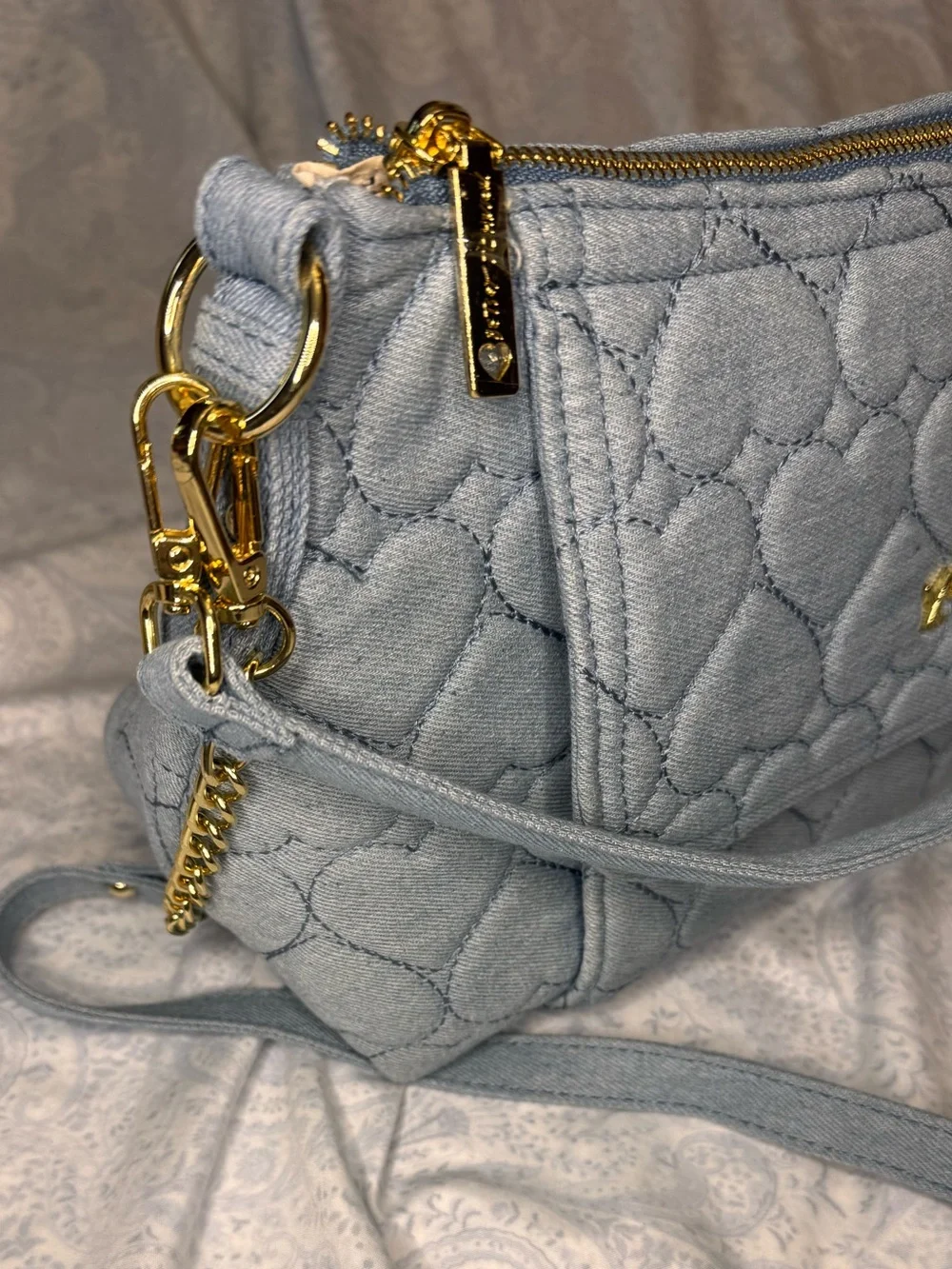 Betsey Johnson Light Blue Soft Denim Quilted Heart Crossbody & Red Bandana Clip